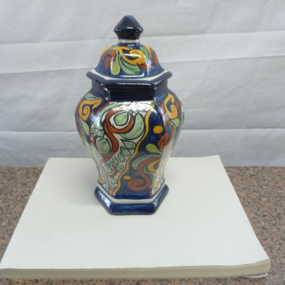 Mexican Talavera Style Hand Painted Lidded Ginger Jar Pottery.
